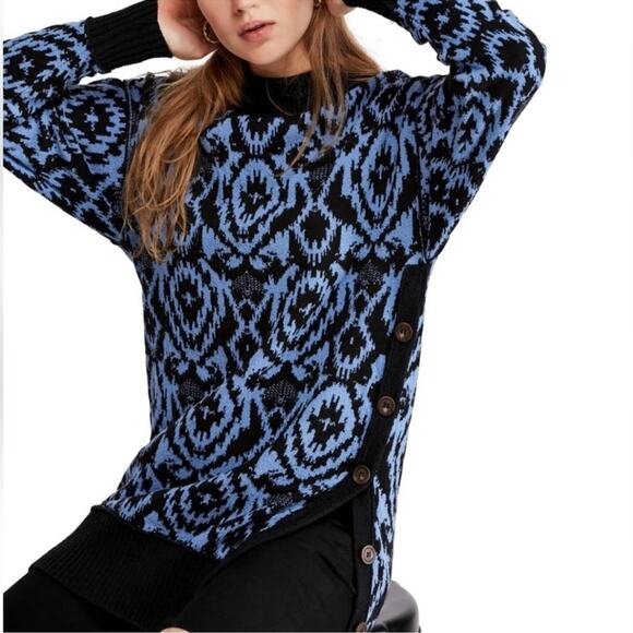 Free People Blue Black Winter Skies Print Tunic Dress Oversized Sweater Size M - Picture 1 of 13